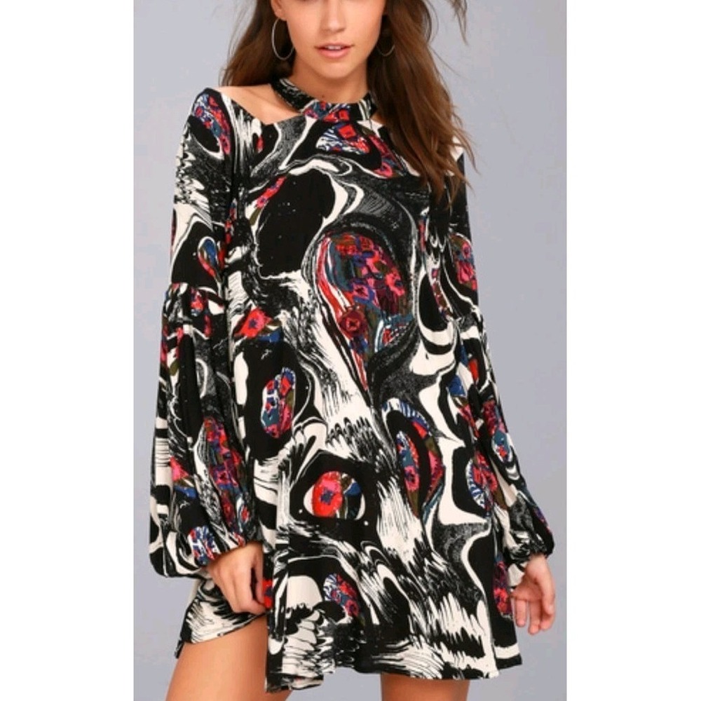 Free People Printed Mini Dress XS Balloon Sleeve Swing Dress Cutout Edgy Boho